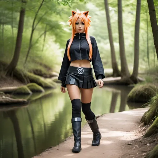 Prompt: chica de piel negra. con cosplay de naruto. falda. y botas. caminando por el bosque. cerca al lago. fotorrealista. Estilo anime. hd.