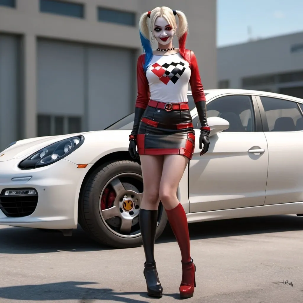 Prompt: harley quinn. short skirt.  next to a Porsche Panamera. digital art. Photorealistic. 3d