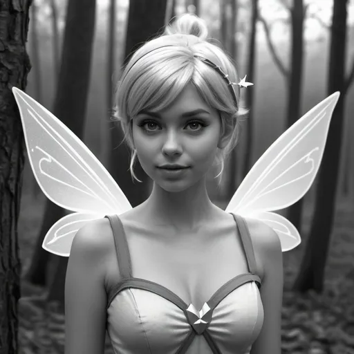 Prompt: girl wearing a tinkerbell cosplay. In the woods. photorealistic. grayscale. digital art. 3d