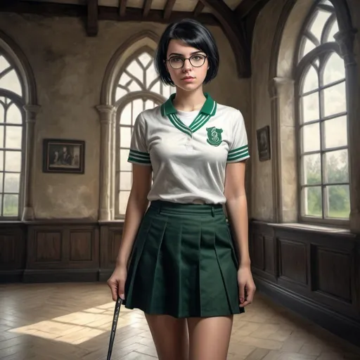 Prompt: 23 year old woman short black hair. she uses glasses. wearing the Slytherin uniform. in the room of an old castle. short skirt and converse tennis shoes. pencil drawing art. photorealistic. hdr