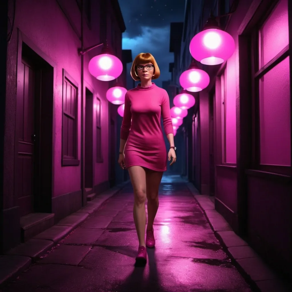 Prompt: Velma walking at night, down a dark street. illuminated with fuchsia lamps. 3d. photorealistic.