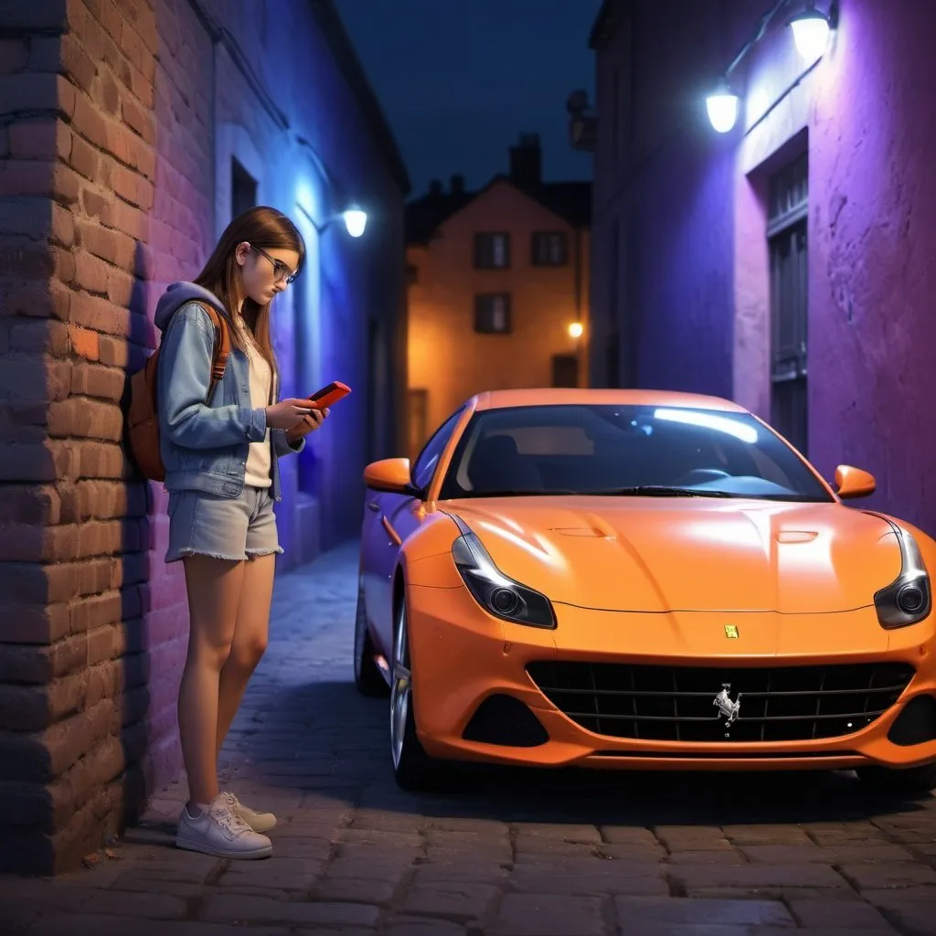 Prompt: teenage school woman. Stop next to a Ferrari FF. playing with a Nintendo switch. in front of an old wall. illuminated by dim blue, orange and purple lights. pixar style. 3d. photorealistic.