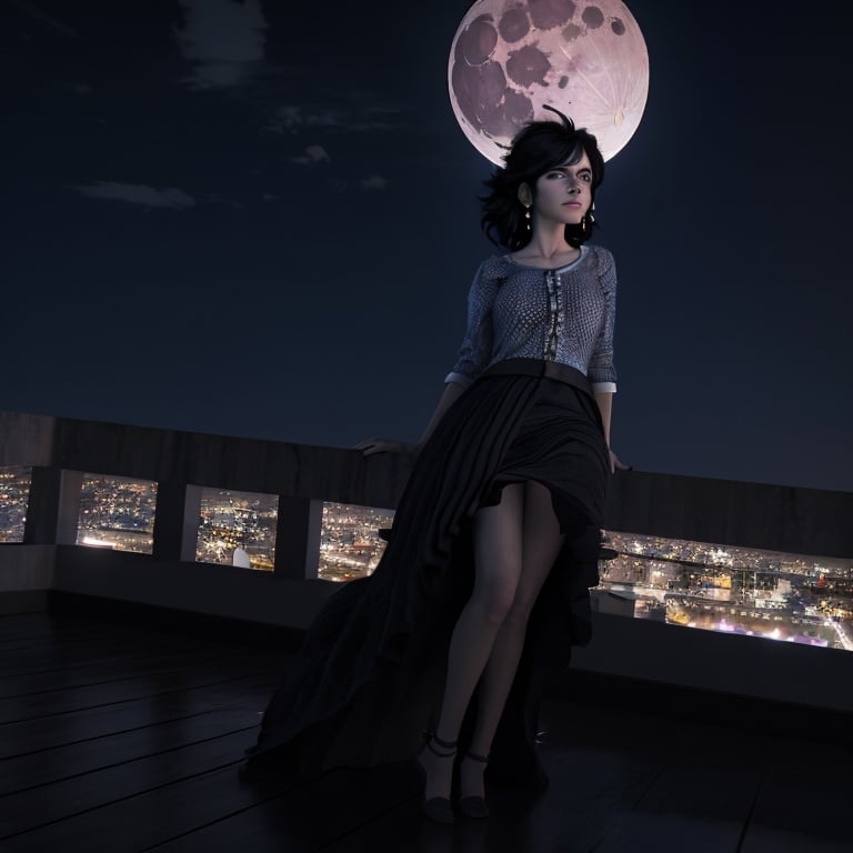 Prompt: mujer en lo alto de un acantilado mirando la luna. falda corta. primera noche de luna creciente. arte digital . fotorrealista. 3d. hdr.