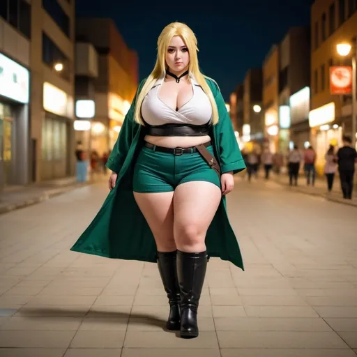 Prompt: chica plus size. con cosplay de tsunade. falda y botas cortas. caminando por la ciudad. Durante la noche. fotorrealista. Estilo anime. hd.