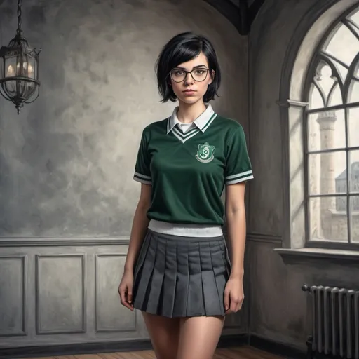 Prompt: 23 year old woman short black hair. she uses glasses. wearing the Slytherin uniform. standing in front of a gray wall, in the room of an old castle. short skirt and converse tennis shoes. pencil drawing art. photorealistic. hdr