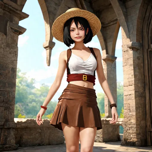 Prompt: Woman wearing a luffy cosplay in the halls of an ancient castle. short black hair. fisherman straw hat. short skirt. photorealistic. hd. Digital art.