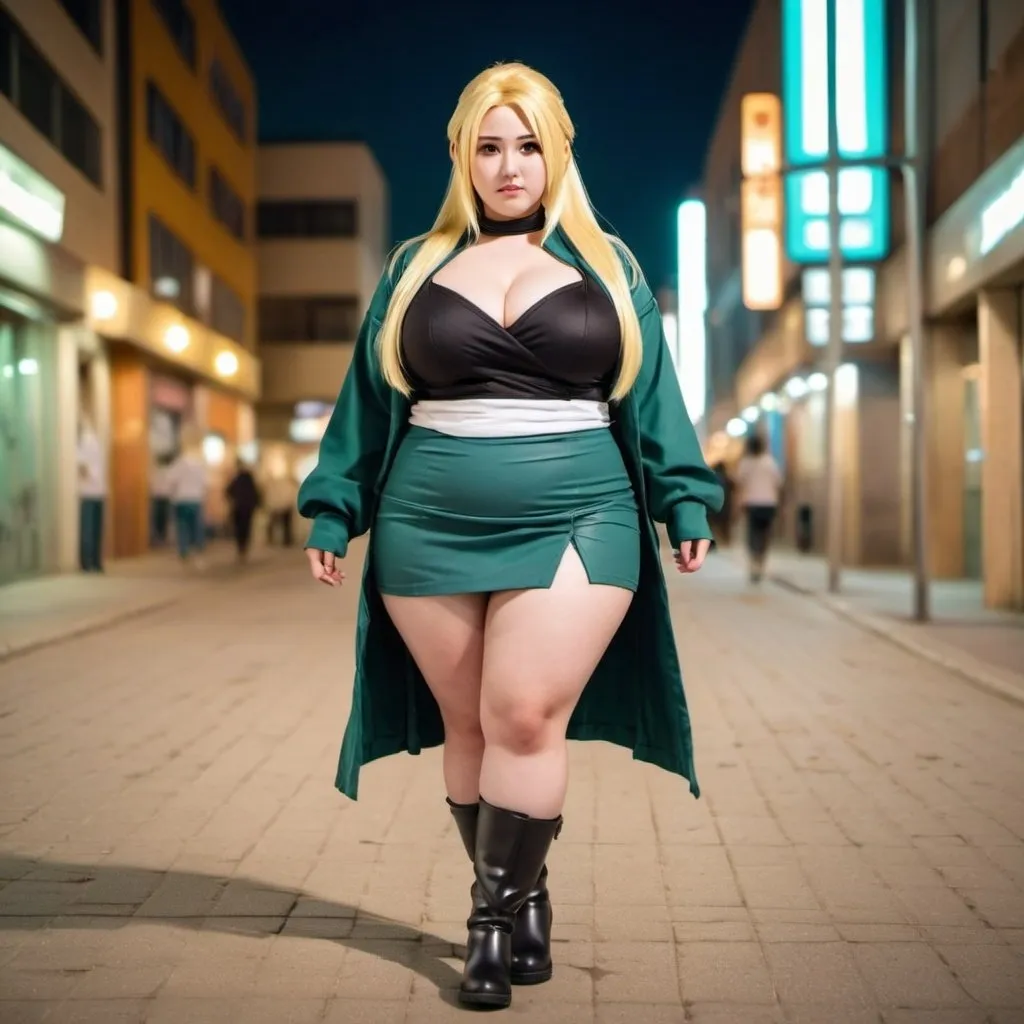 Prompt: chica plus size. con cosplay de tsunade. falda y botas cortas. caminando por la ciudad. Durante la noche. fotorrealista. Estilo anime. hd.