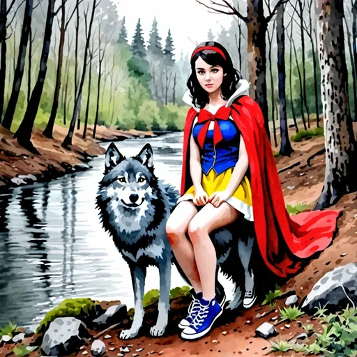 Prompt: Young adult woman. Wearing a Snow White cosplay. in the middle of a forest. near the river. red cape, short skirt and converse sneakers. photorealistic. Watercolor painting style on canvas. accompanied by a gray wolf. 