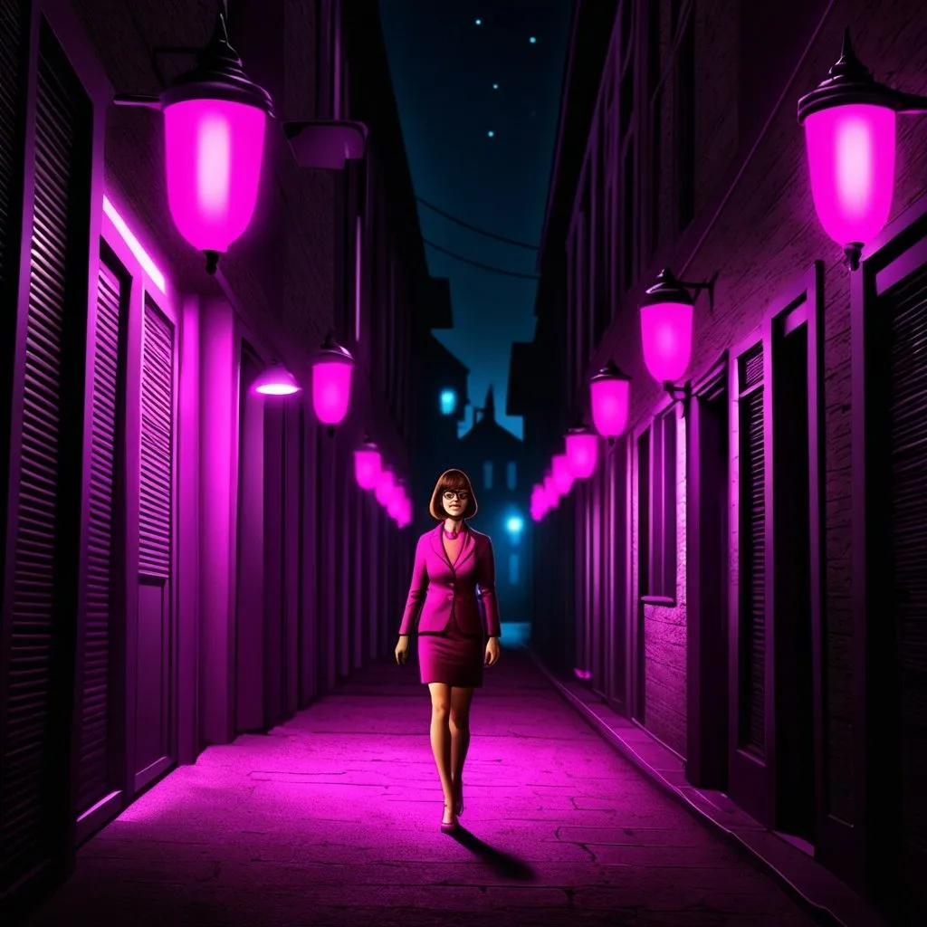 Prompt: Velma walking at night, down a dark street. illuminated with fuchsia lamps. photorealistic. Digital art. Hdr