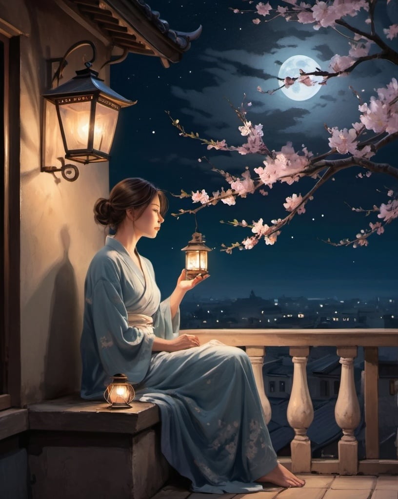 Prompt: a woman in a nightgow. sitting on a balcony under a night sky illuminated by moonlight, with a blossoming tree nearby and a lantern casting light. The scene conveys tranquility and introspection.