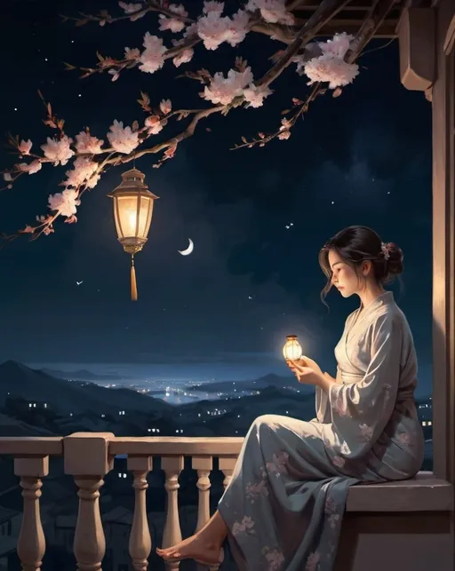 Prompt: a woman in a nightgow. sitting on a balcony under a night sky illuminated by moonlight, with a blossoming tree nearby and a lantern casting light. The scene conveys tranquility and introspection.