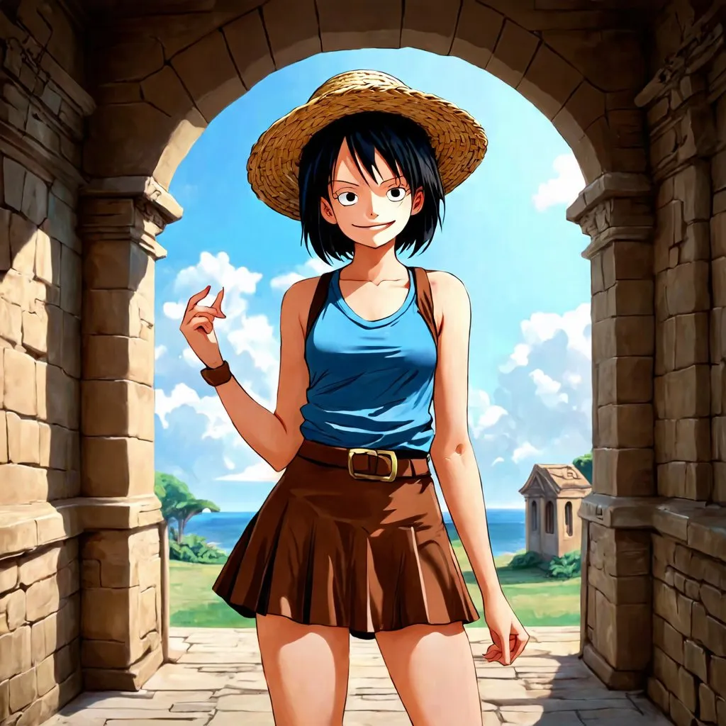 Prompt: beautiful girl wearing a luffy cosplay in the halls of an ancient castle. short black hair. fisherman straw hat. short skirt. photorealistic. hd. Pencil drawing art.