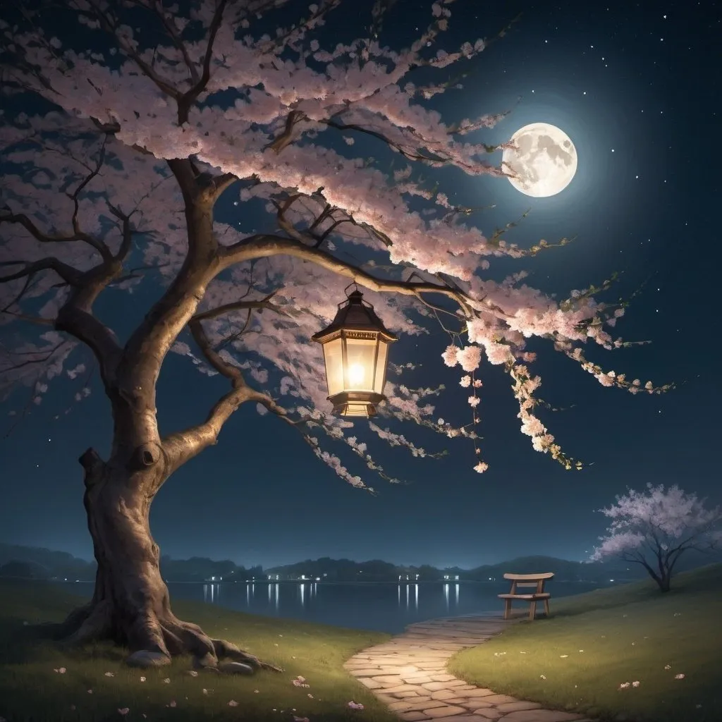 Prompt: under a night sky illuminated by moonlight, with a blossoming tree nearby and a lantern casting light. The scene conveys tranquility and introspection.