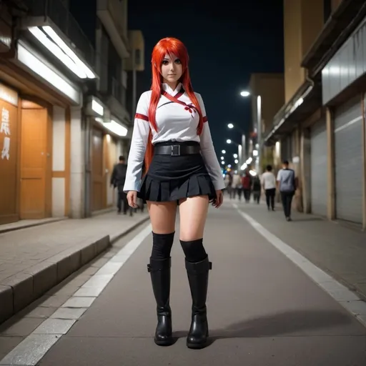 Prompt: chica negra. con cosplay de Kushina usumaki. falda y botas cortas. caminando por la ciudad. Durante la noche. fotorrealista. Estilo anime. hd.