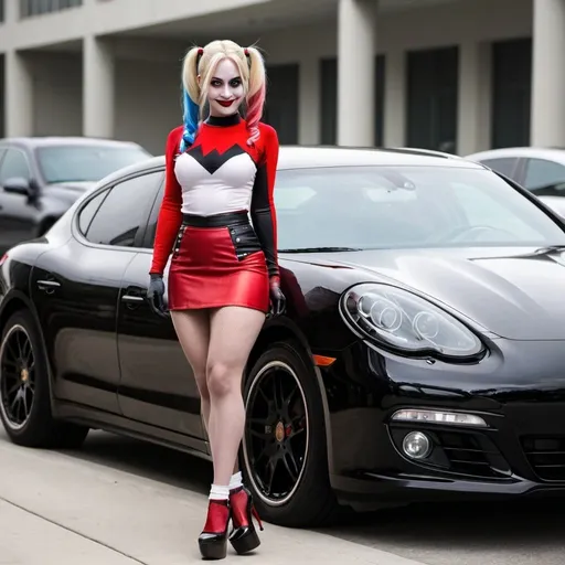 Prompt: harley quinn. short skirt.  next to a Porsche Panamera.