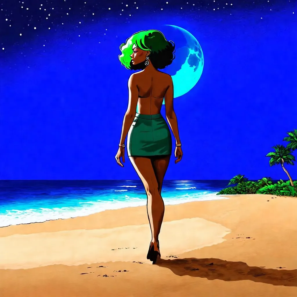 Prompt: latin black skin woman. with deep green hair. Short skirt. walking near the beach at night, with crecent moon. pencil drawing style. hd. 8k resolution