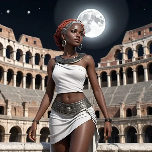 Prompt: Black skin latin woman. Gray hair. in the roman coliseum. in crescent moon. Skirt. photorealistic. Manga style. hd. 8k resolution.