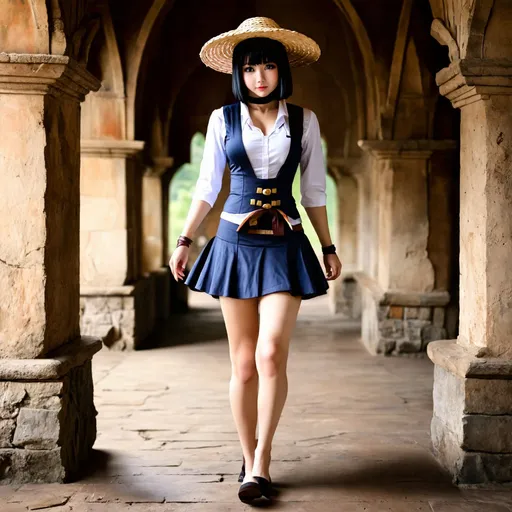 Prompt: Woman wearing an one piece cosplay. Walking  in the halls of an ancient castle. short black hair. fisherman straw hat. short skirt. photorealistic. hd. Digital art.