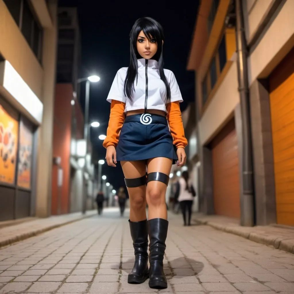 Prompt: chica negra. con cosplay de naruto. falda. y botas. caminando por la ciudad. Durante la noche. fotorrealista. Estilo anime. hd.