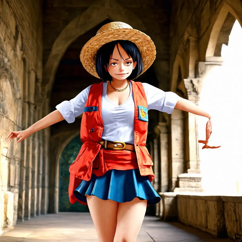 Prompt: beautiful girl wearing a luffy cosplay in the halls of an ancient castle. short black hair. fisherman straw hat. short skirt. photorealistic. hd. Digital art.