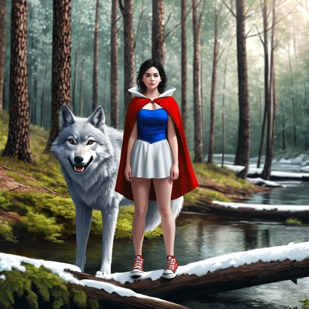 Prompt: Young adult woman. Wearing a Snow White cosplay. in the middle of a forest. near the river. red cape, short skirt and converse sneakers. photorealistic. Digital art. accompanied by a gray wolf. 