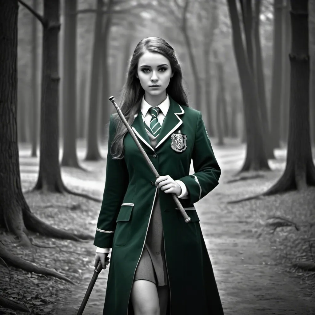 Prompt: young woman wearing slytherin uniform. with the magic wand in her hand. walking through the forbidden fores. digital art. gray scale photography. hdr