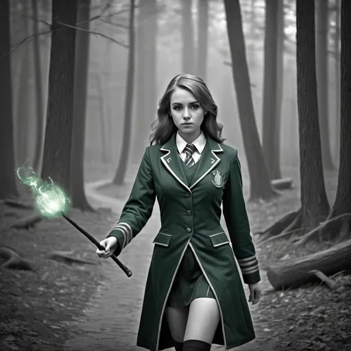 Prompt: young woman wearing slytherin uniform. with the magic wand in her hand. walking through the forbidden fores. digital art. gray scale photography. hdr