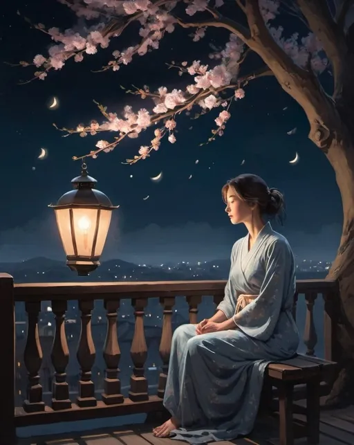 Prompt: a woman in a nightgow. sitting on a balcony under a night sky illuminated by moonlight, with a blossoming tree nearby and a lantern casting light. The scene conveys tranquility and introspection.