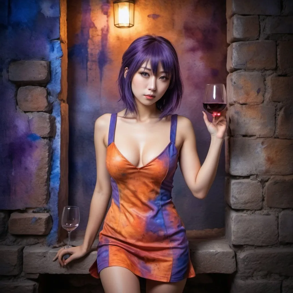 Prompt: saori kido woman cosplayer, wine short dress. walking in front of an old wall. illuminated by dim blue, orange and purple lights. watercolor painting on canvas. 3d. hdr. photorealistic