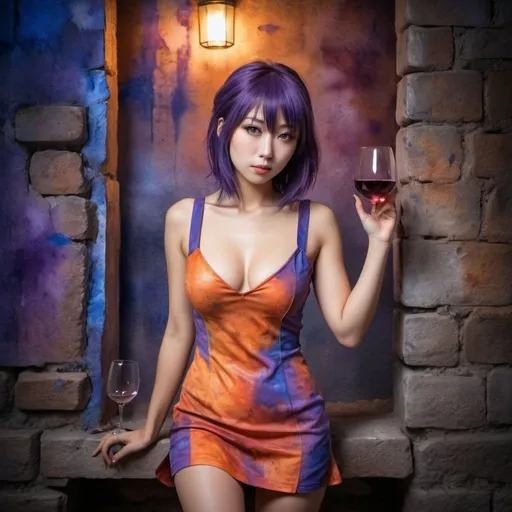 Prompt: saori kido woman cosplayer, wine short dress. walking in front of an old wall. illuminated by dim blue, orange and purple lights. watercolor painting on canvas. 3d. hdr. photorealistic