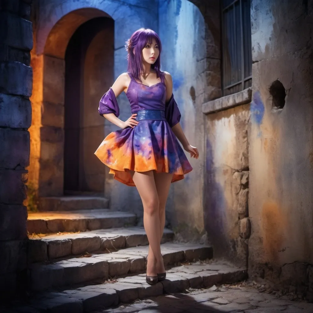 Prompt: saori kido woman cosplayer, wine short dress. walking in front of an old wall. illuminated by dim blue, orange and purple lights. watercolor painting on canvas. 3d. hdr. photorealistic