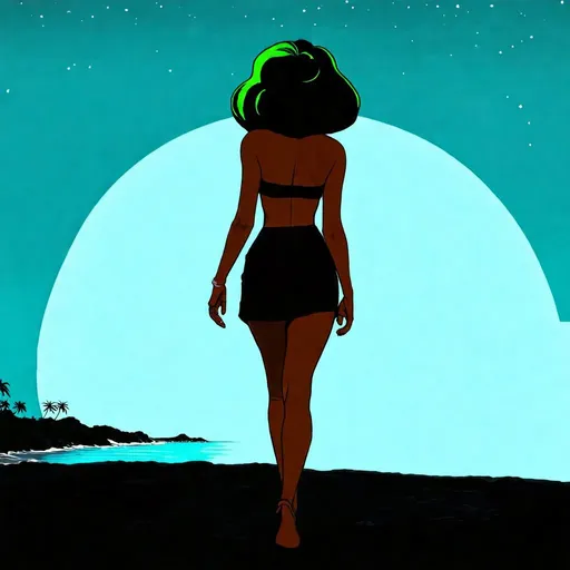 Prompt: latin black skin woman. with deep green hair. Short skirt. walking near the beach at night, with crecent moon. pencil drawing style. hd. 8k resolution