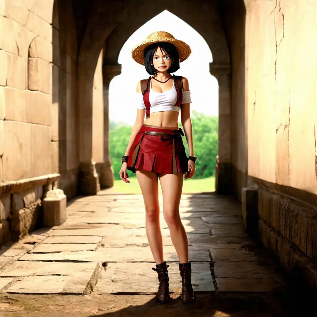 Prompt: Woman wearing a luffy cosplay in the halls of an ancient castle. short black hair. fisherman straw hat. short skirt. photorealistic. hd. Digital art.