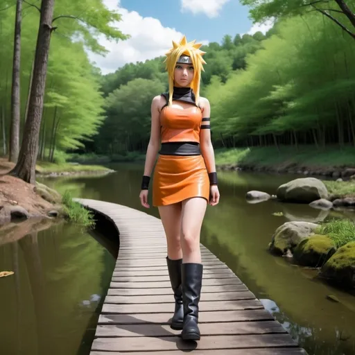 Prompt: chica de piel de ébano. con cosplay de naruto. falda. y botas. caminando por el bosque. cerca al lago. fotorrealista. 3d. hd.