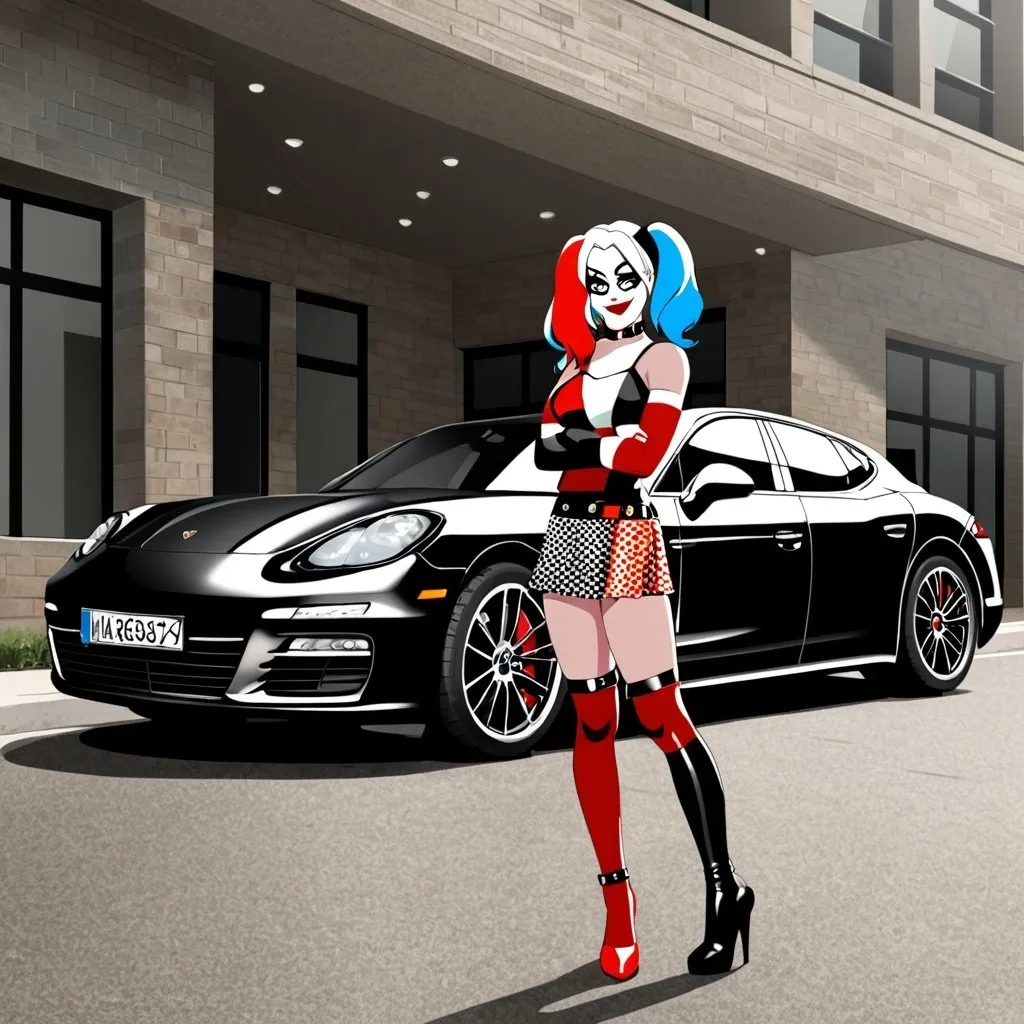 Prompt: harley quinn. short skirt.  next to a Porsche Panamera.