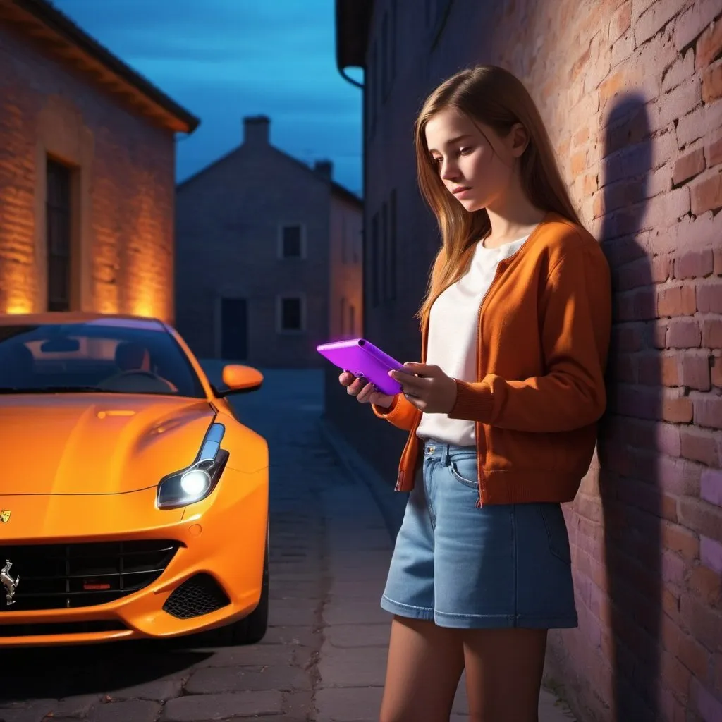 Prompt: teenage school woman. Stop next to a Ferrari FF. playing with a Nintendo switch. in front of an old wall. illuminated by dim blue, orange and purple lights. pixar style. 3d. photorealistic.