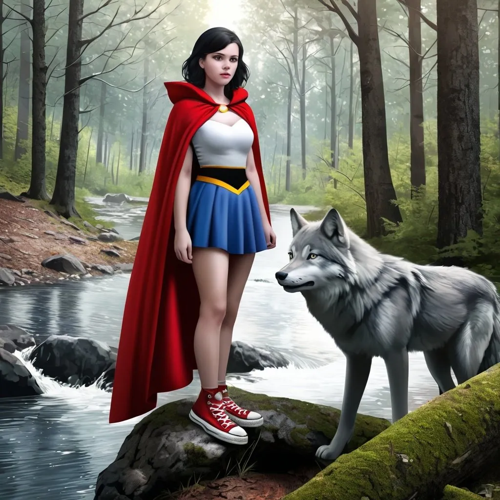Prompt: Young adult woman. Wearing a Snow White cosplay. in the middle of a forest. near the river. red cape, short skirt and converse sneakers. photorealistic. Digital art. accompanied by a gray wolf. 