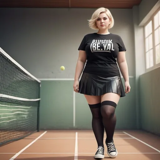 Prompt: In the foreground, a blonde woman. Plus size. short hair. Black semi-transparent t-shirt. short skirt. black stockings. converse tennis. digital art style. photorealistic. 3d.