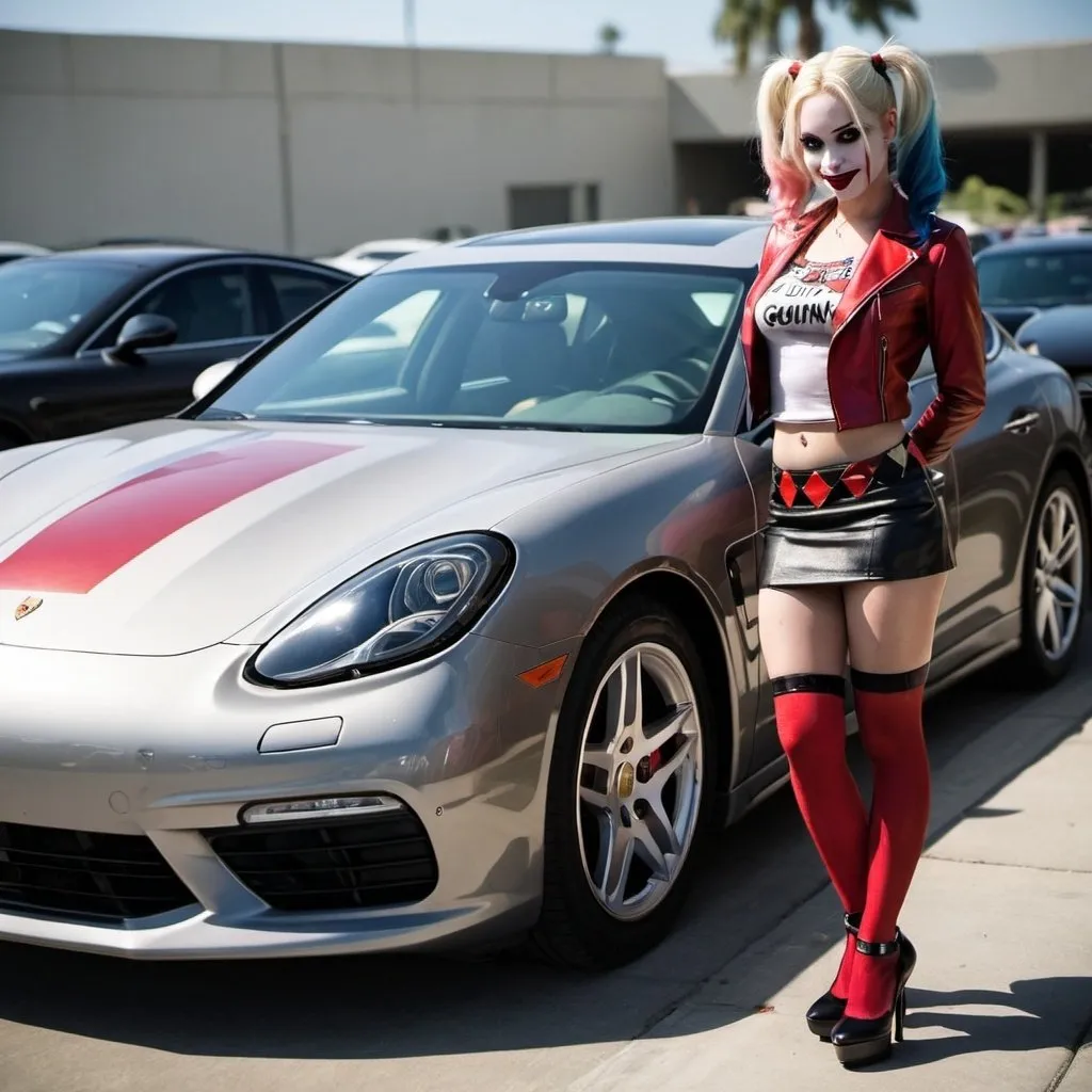 Prompt: harley quinn. short skirt.  next to a Porsche Panamera.