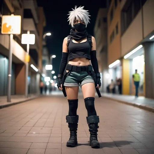 Prompt: chica negra. con cosplay de Hatake Kakashi. falda y botas cortas. caminando por la ciudad. Durante la noche. fotorrealista. Estilo anime. hd.