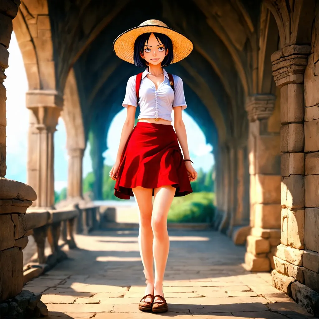 Prompt: beautiful girl wearing a luffy cosplay in the halls of an ancient castle. short black hair. fisherman straw hat. short skirt. photorealistic. hd. Digital art.