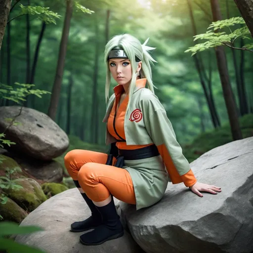Prompt: woman wearing naruto cosplay, in sage mode. on a big rock, in the middle of the forest. digital art. 3d. photorealistic.
