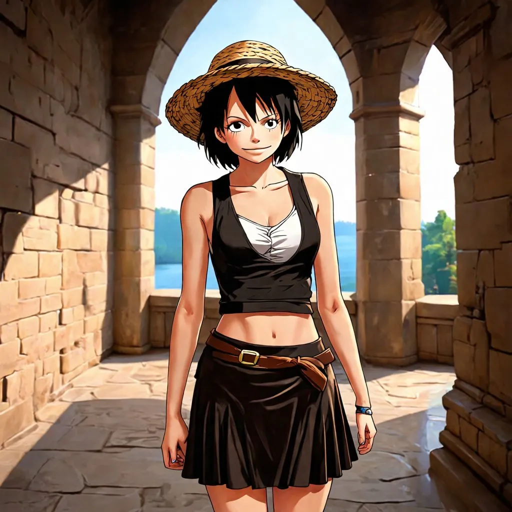 Prompt: beautiful girl wearing a luffy cosplay in the halls of an ancient castle. short black hair. fisherman straw hat. short skirt. photorealistic. hd. Pencil drawing art.