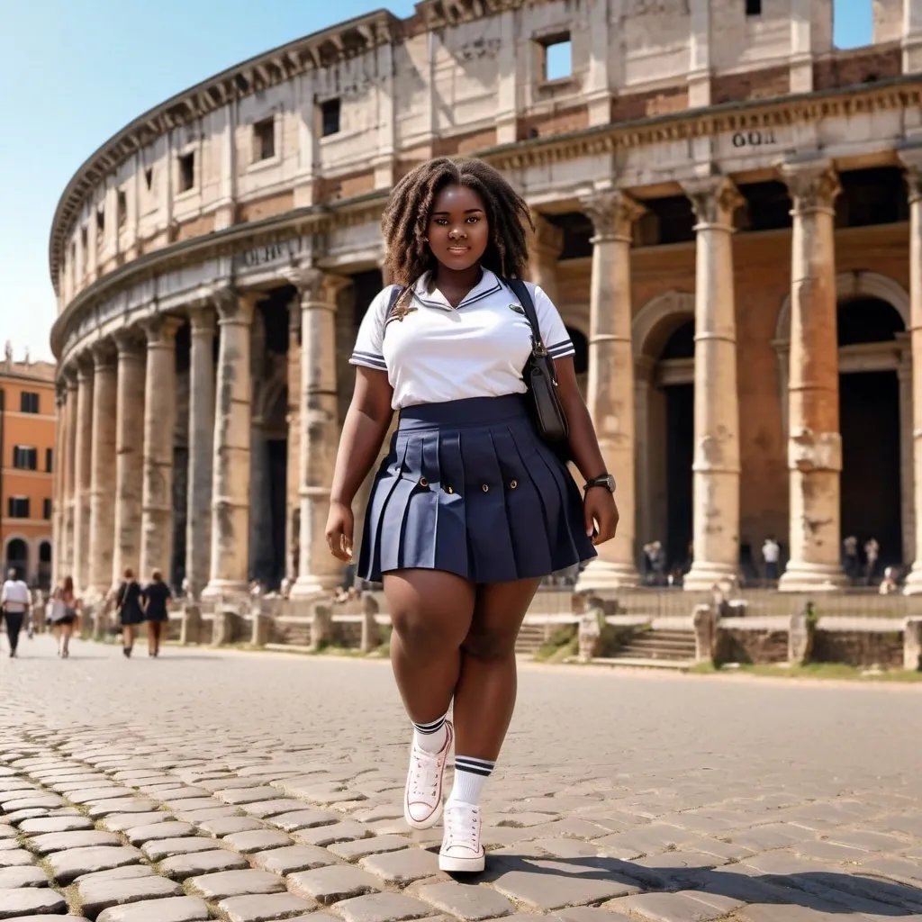 Prompt: African girl. ebony skin plus size. In a schoolgirl uniform. Short skirt and converse sneakers. Walking through Rome. Near the Roman coliseum. Digital art style. Photorealistic.