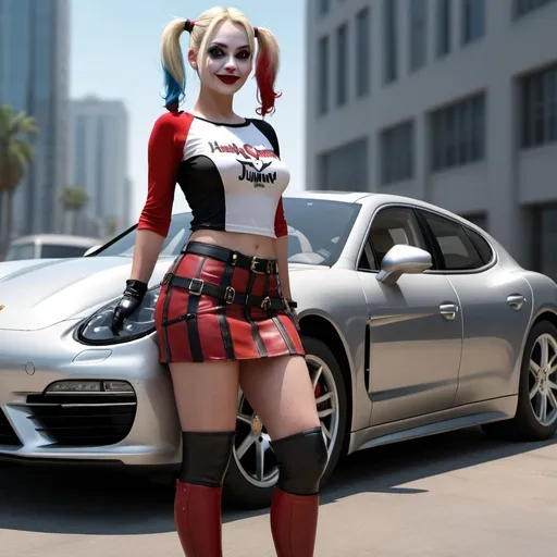 Prompt: harley quinn. short skirt.  next to a Porsche Panamera. digital art. Photorealistic. 3d