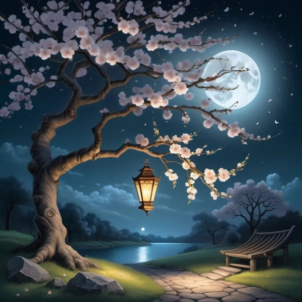 Prompt: under a night sky illuminated by moonlight, with a blossoming tree nearby and a lantern casting light. The scene conveys tranquility and introspection.