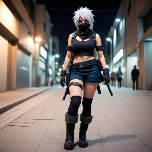 Prompt: chica negra. con cosplay de Hatake Kakashi. falda y botas cortas. caminando por la ciudad. Durante la noche. fotorrealista. Estilo anime. hd.