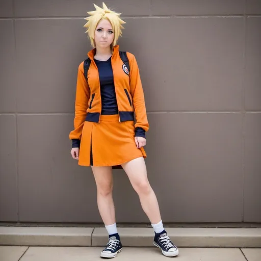 Prompt: young adult woman, wearing a naruto cosplay. short dress and converse tennis shoes. in wise mode.