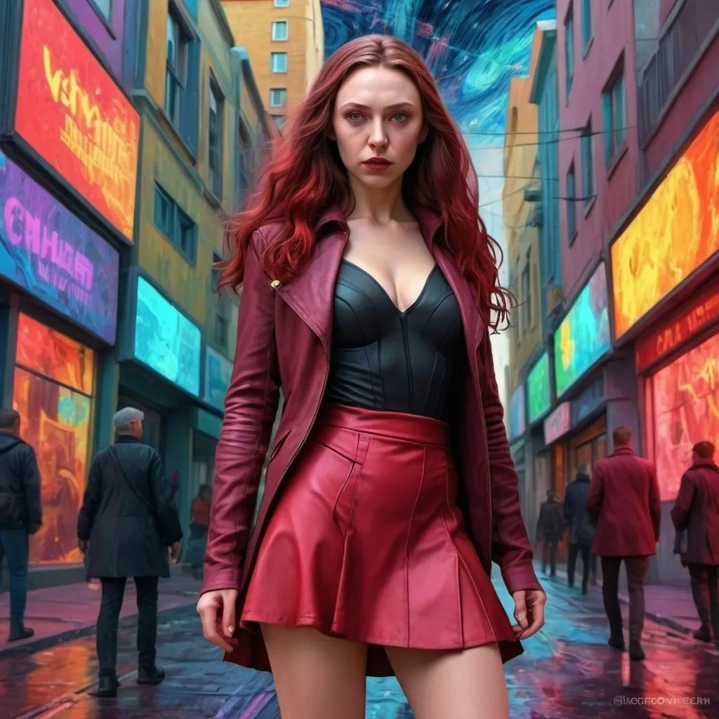 Prompt: the scarlet witch.short skirt. on the streets of a colorful city of the future. cyberpunk. van gogh style. digital art . photorealistic.