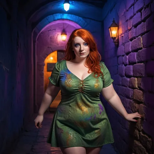 Prompt: lily evans woman plus size cosplayer. wine short dress. red head. walking in front of an old wall illuminated by dim blue, orange and purple lights. digital art. 3d. hdr. photorealistic. ultraviolet light photography.